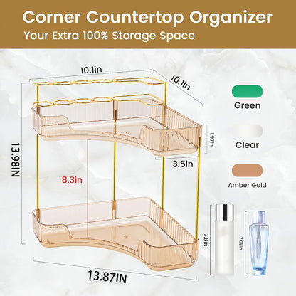 Bathroom Corner Shelf Organizer 2-in-1 Tiered Makeup Skincare Storage with Brush Holder No-Tool Install Space-Saving Countertop Vanity Dresser Kitchen Organizer Women