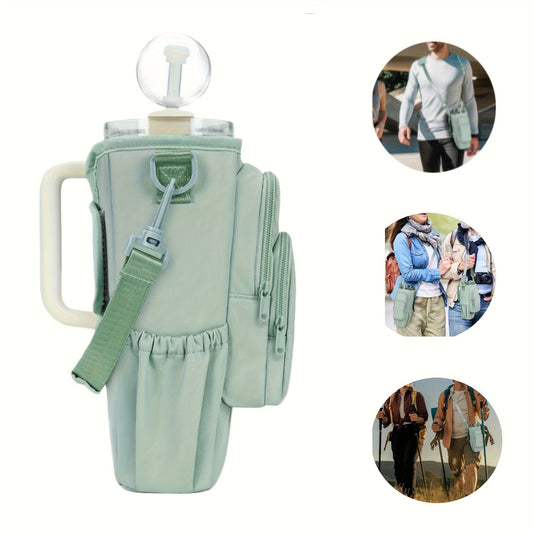 40oz Insulated Water Bottle Carrier Sling Bag with Straw Lid – Hands-Free Dog Walking Bag with Phone Pocket, Zippered Compartments & Adjustable Strap for Gym, Travel & Outdoor Activities, Hot/Cold Beverage Holder for Men & Women