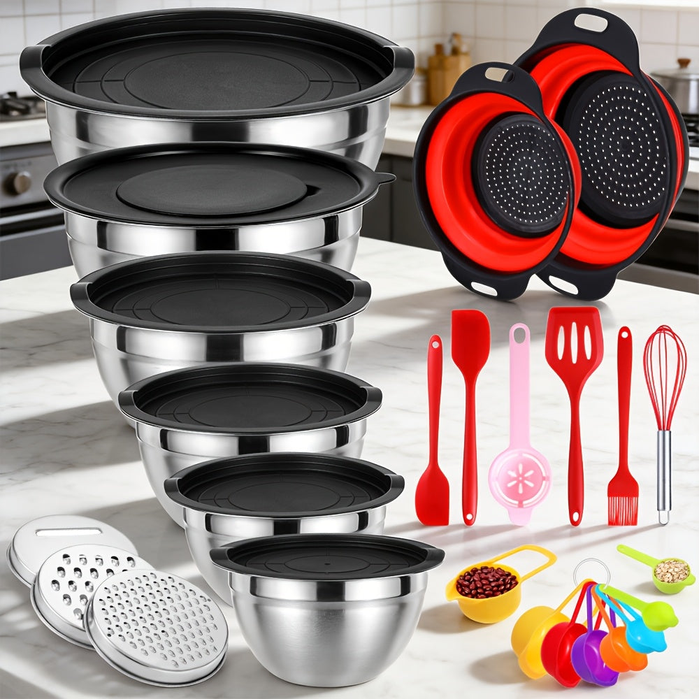 Stainless Steel Mixing Bowl Set 26pcs with Sealed Lids – 6 Bowls (0.7–3.6 Qt), 2 Colanders & 3 Sharpening Tools – Nesting Kitchen Bowls for Baking, Salad, Mixing, Storage & Camping