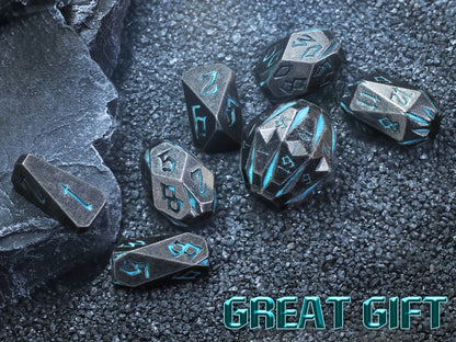 Metal DnD Dice Set 7pcs Glow in the Dark – Stonehenge Zinc Alloy Polyhedral Dice with Display Box, D4 D6 D8 D10 D12 D20 for D&D RPG Tabletop Games, Unique Gamer Gift Blue