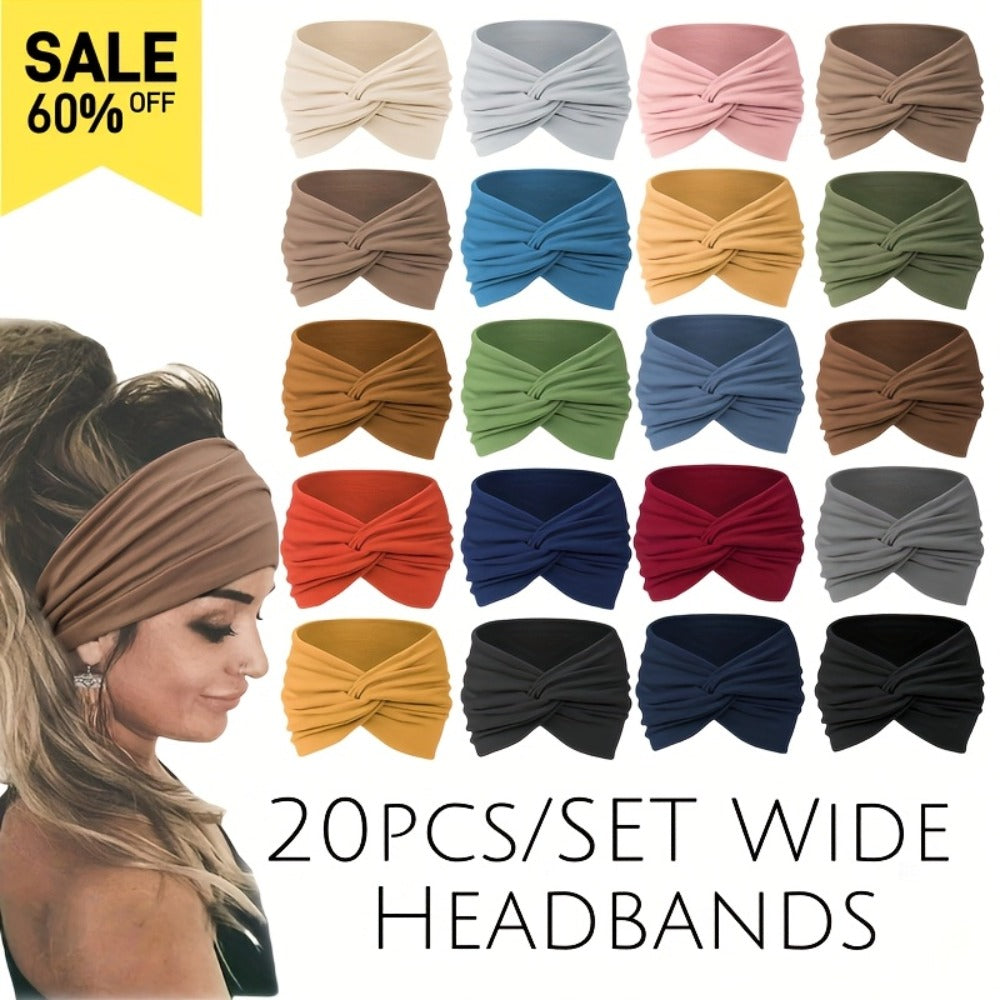 Stretchy Headbands 20 Pack for Women & Men – Soft Sweat-Wicking Non-Slip Elastic Turban Knot Hair Wraps Breathable Solid Colors for Yoga Running Gym Workout Daily Fashion Bulk Set