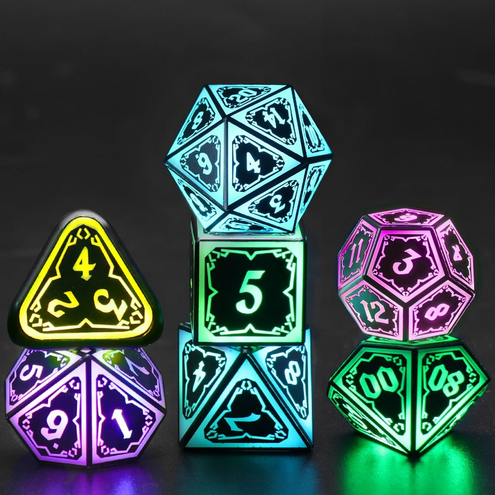 RGB LED DND Dice Set Rechargeable 7pcs – Illuminated Polyhedral Dice with Type-C Charging Case for D&D RPG Tabletop Games, Astral Shard Black, Glow in Dark Gift for Gamers