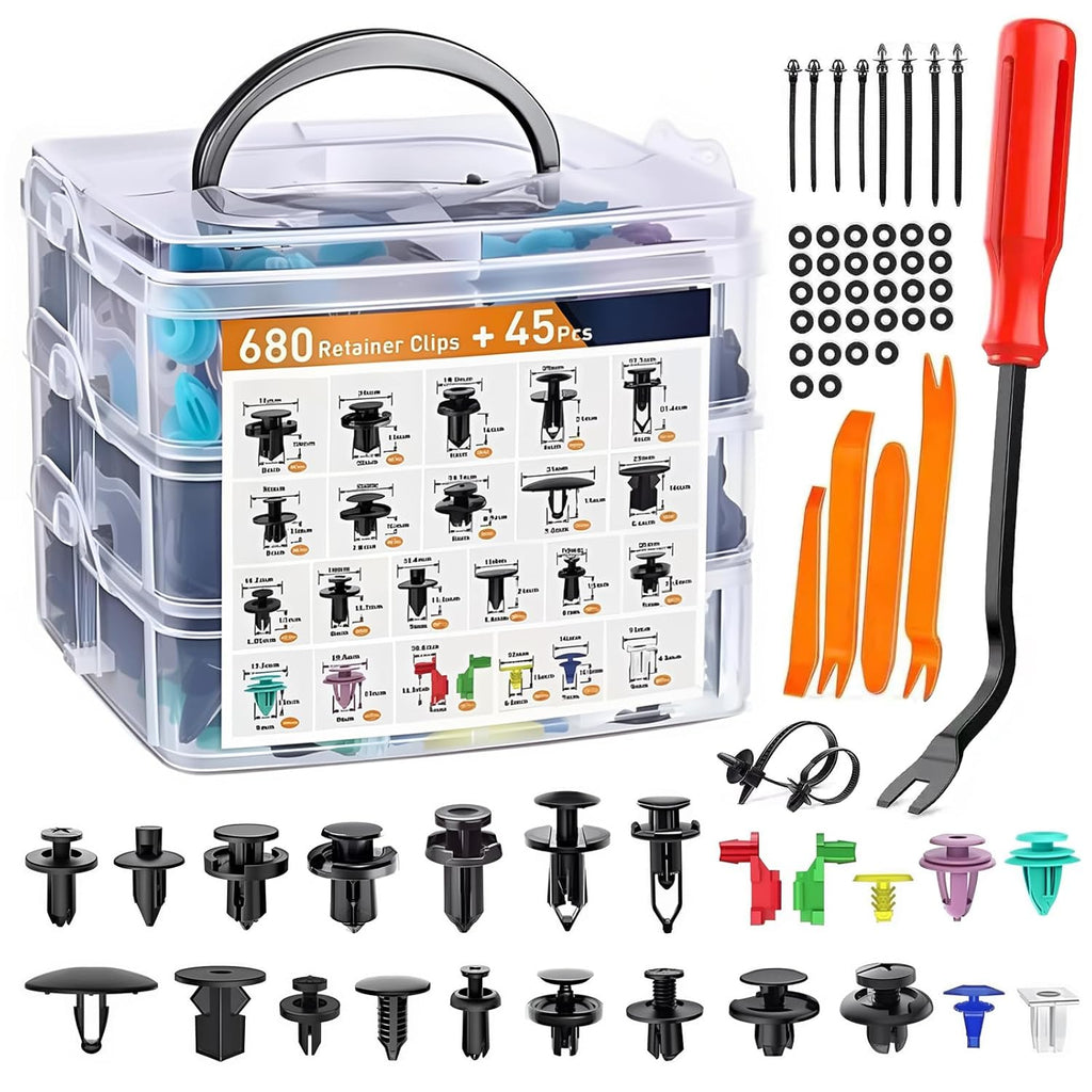 725pcs Automotive Push Pins & Bumper Clips Kit, Retainer Clips, Fender Fasteners, Door Panel And Trunk Trim Rivets With Removal Tool And Cable Ties, Compatible With for TOYOTA, for Honda, for Ford, for Chevrolet And for NISSAN, Fits Most Cars