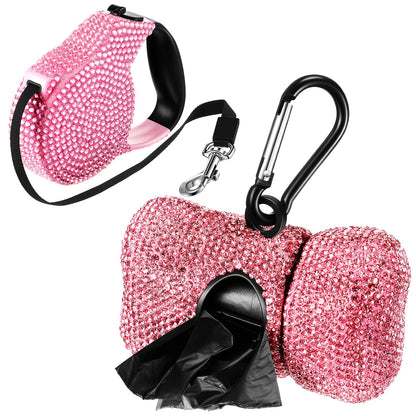 Retractable Dog Leash Set of 2 with Rhinestone Decoration, Pink Bone-Shaped Waste Bag Dispenser & Metal Clip, Bling Leash for Small Medium Dogs & Puppies, Stylish Pet Walking Accessory