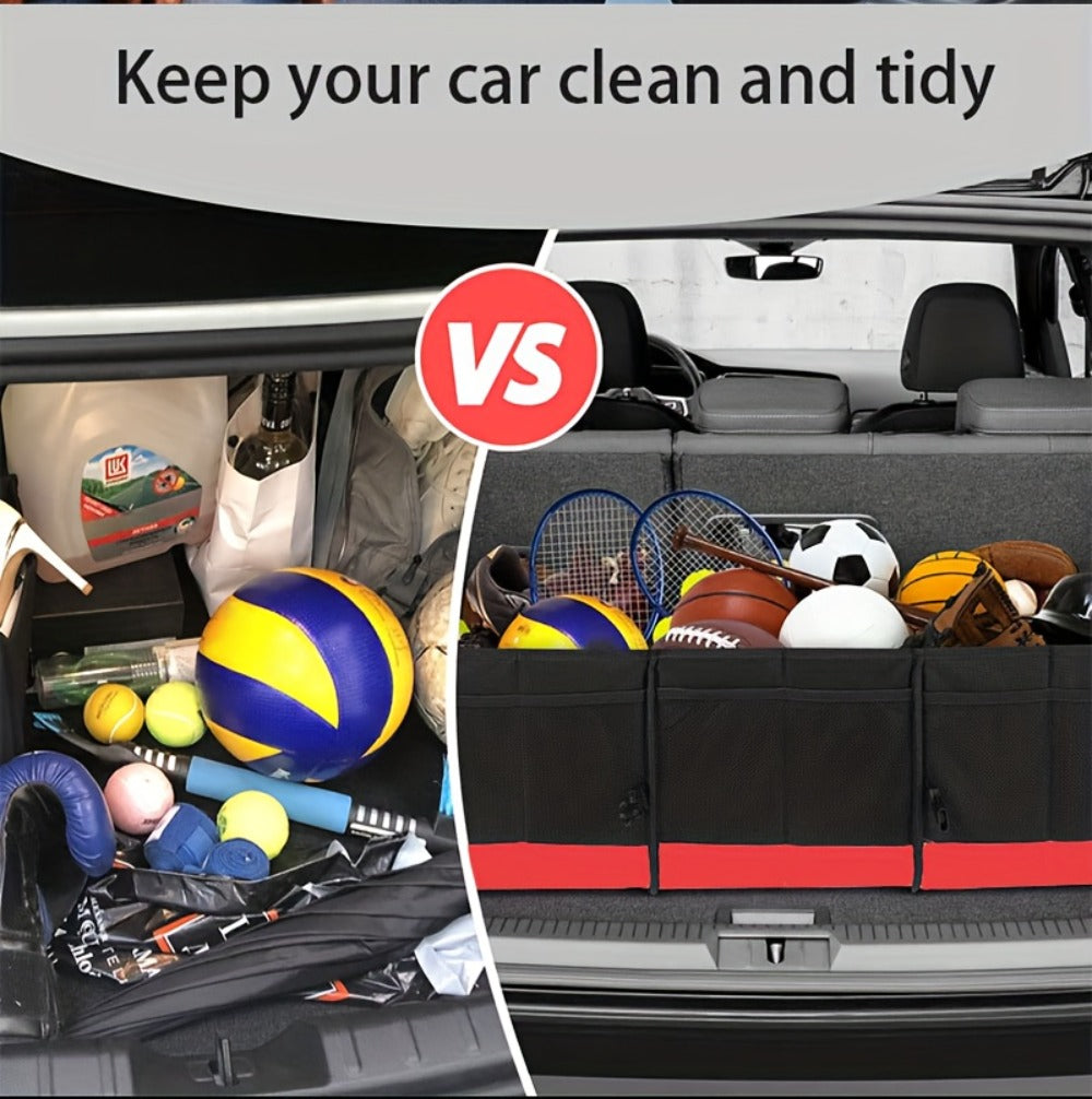 Foldable Car Trunk Organizer 95L – 4-Compartment Storage Box with 2 Retractable Straps, Collapsible Cargo Bin for SUV Truck Minivan – Travel Camping Shopping