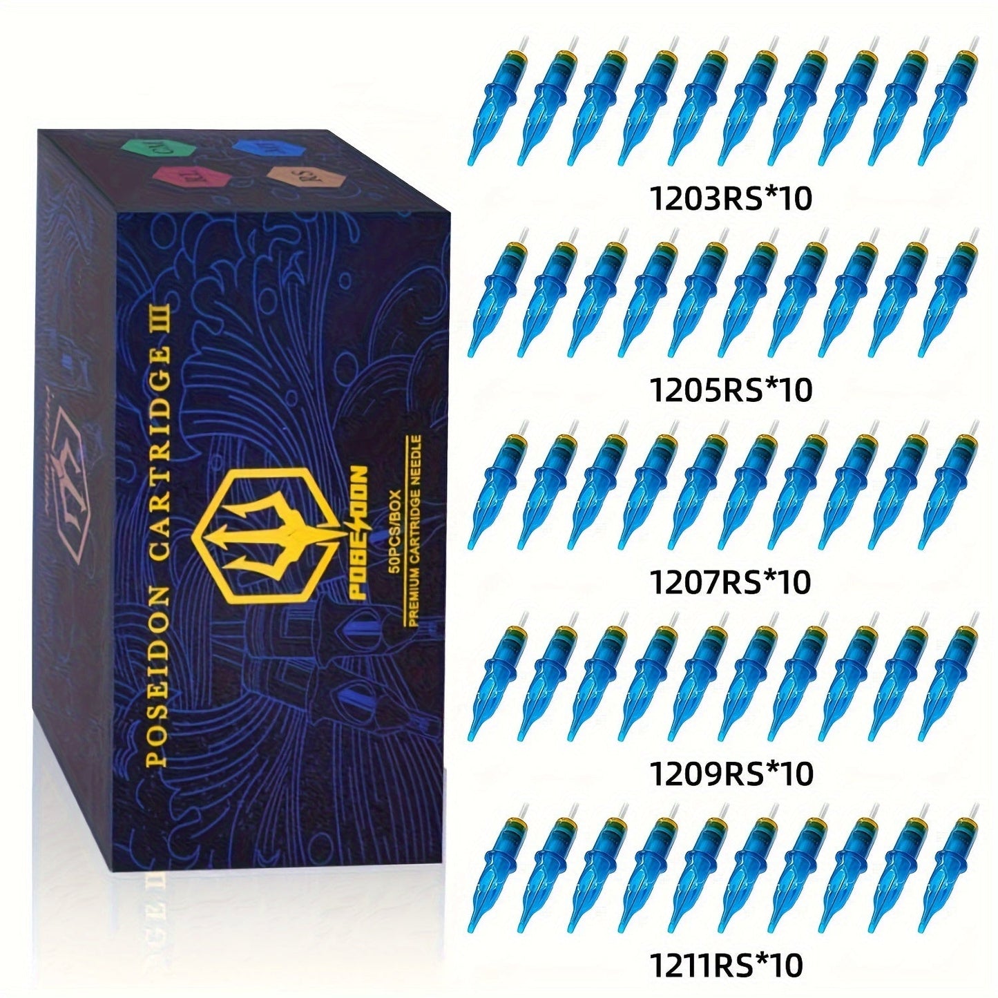 Tattoo Needles 50Pcs Round Liner Shader - POSEIDON V3 12RL 12RS Membrane Safety Stainless Steel Sterile Disposable Cartridge Needles for All Tattoo Machines Beginner & Professional Artists