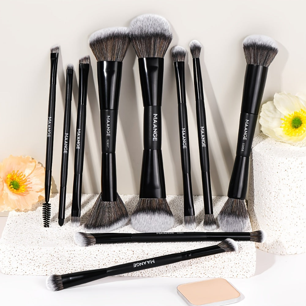 Double-Ended Makeup Brush Set 10PCS with Cosmetic Bag – Soft Nylon Bristles Dual-Ended Blush Eyeshadow Face Brushes Professional Kit for Beginners & Pros Women