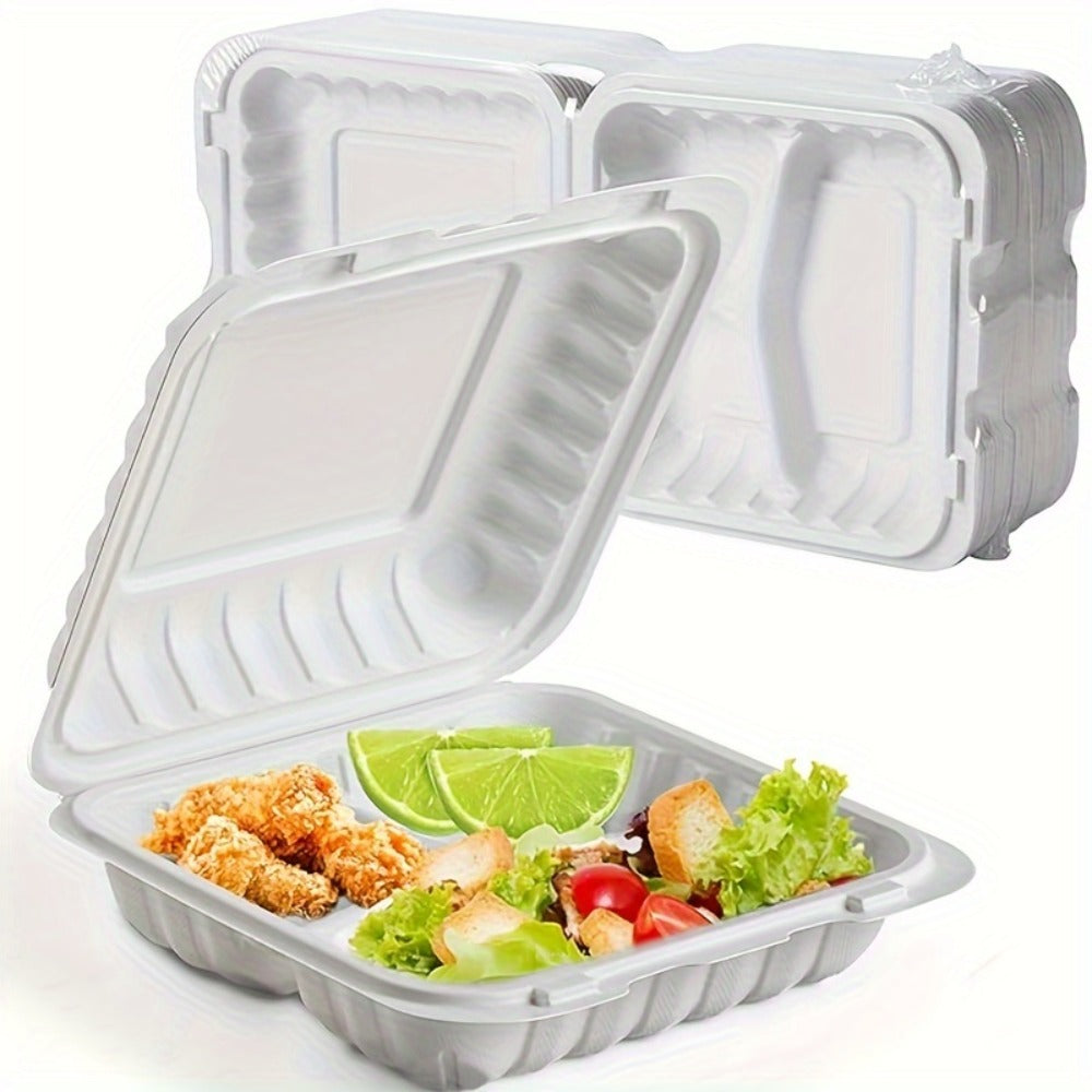 Disposable Food Containers Take Out Boxes with Lids - 7" 8" 9" Plastic Clamshell Meal Prep Containers BPA Free 1 & 3 Compartment Heavy Duty Reusable White