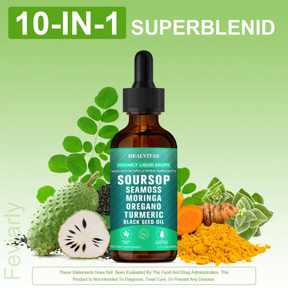 Soursop Bitters Liquid Supplement 2oz 10-in-1 with Seaweed Moringa Turmeric Black Seed Oil & Oregano Herbal Extracts — Highly Absorbable Digestive Gut & Intestinal Health Support for Women & Men