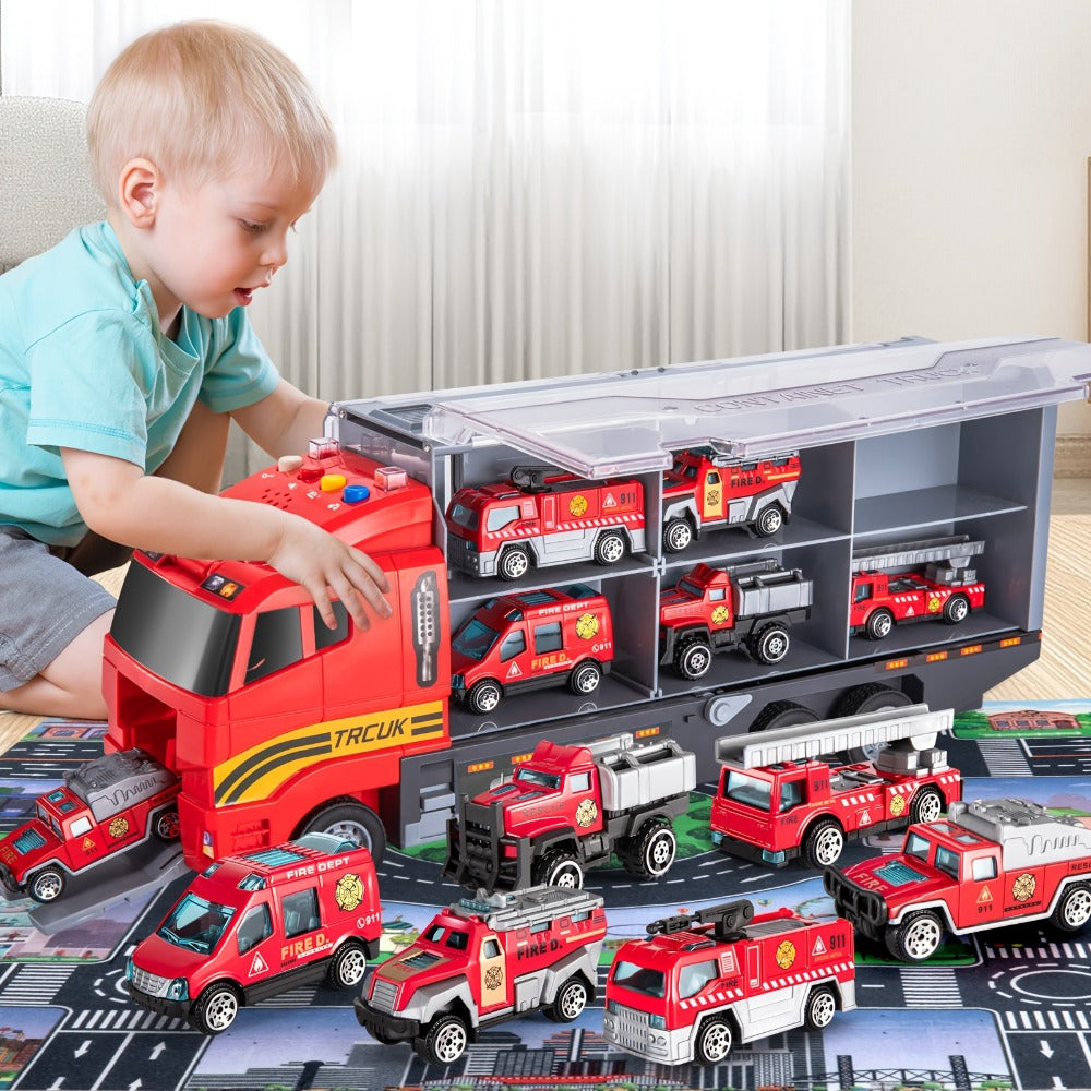 Fire Truck Toy Set for Kids Ages 3-6 – Die-Cast Metal Carrier Truck with Play Mat, Emergency Vehicle Collection, Birthday Christmas Gift for Boys Girls