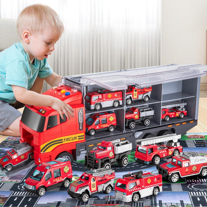 Fire Truck Toy Set for Kids Ages 3-6 – Die-Cast Metal Carrier Truck with Play Mat, Emergency Vehicle Collection, Birthday Christmas Gift for Boys Girls