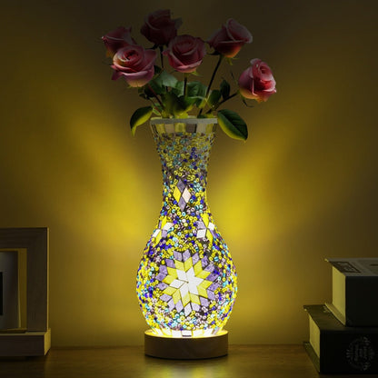 Mosaic Vase Lamp Turkish Moroccan Handmade Colorful Glass Table Lamp with Wooden Base – USB Plug-In Boho Night Light, Flower Vase Lamp for Bedroom Living Room Decor, Bohemian Mosaic Desk Lamp Gift