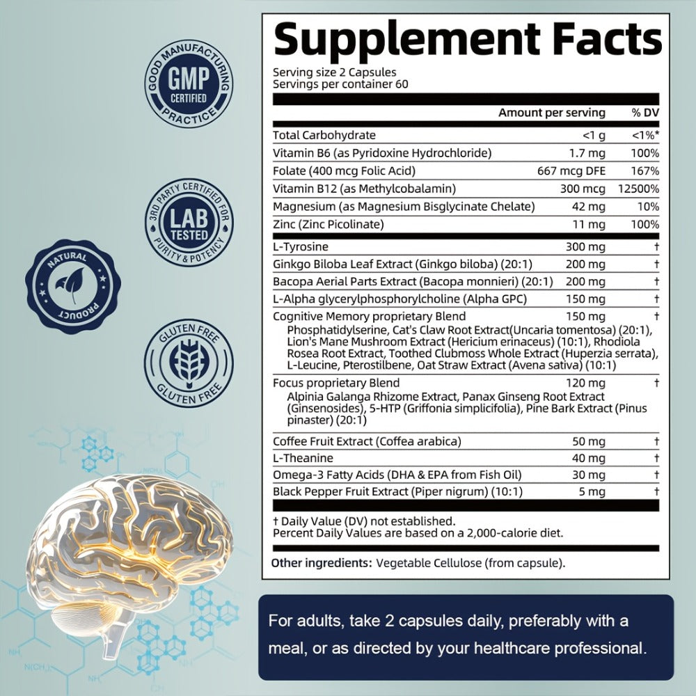 Memory Focus Brain Supplement 120 Capsules – Advanced Nootropic Formula with Ginkgo Biloba, Bacopa Monnieri, Alpha GPC & L-Tyrosine – Mental Clarity & Cognitive Support for Men and Women – Gluten-Free
