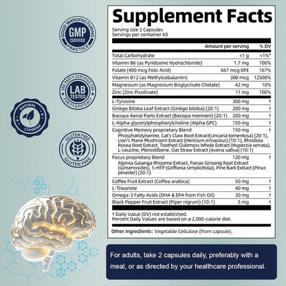 Memory Focus Brain Supplement 120 Capsules – Advanced Nootropic Formula with Ginkgo Biloba, Bacopa Monnieri, Alpha GPC & L-Tyrosine – Mental Clarity & Cognitive Support for Men and Women – Gluten-Free