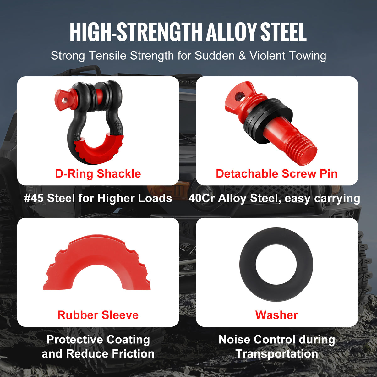 VEVOR 3/4" D-Ring Shackle, 2 Pack Alloy Steel Shackles 62832 lbs (28.5 Ton) Break Strength with 7/8" Screw Pin, Isolators & Washers, Heavy Duty Off Road Vehicle Recovery Shackle for Jeep Truck,Orange/Black/Red