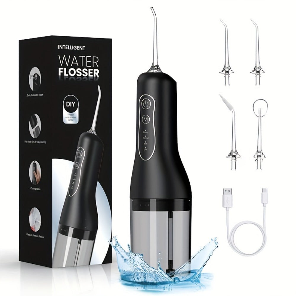 Water Flosser Cordless Oral Irrigator 4 Modes 4 Nozzles Rechargeable IPX7 Waterproof Portable Deep Cleaning Gum Care Dental Hygiene for Braces Travel Home Gift Black