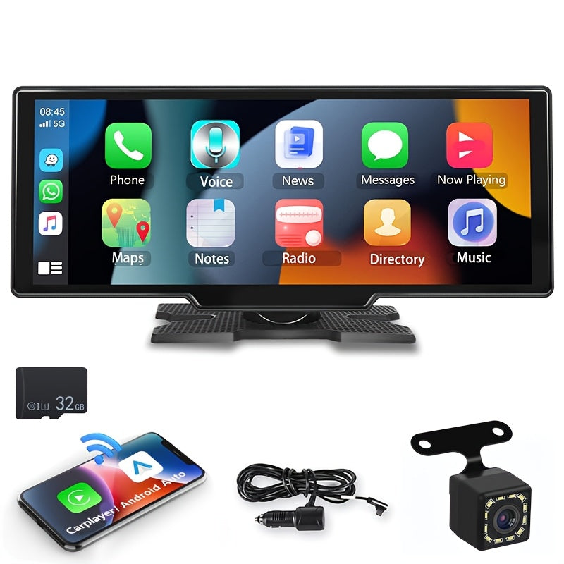 10.26 Inch IPS Portable with Wireless Carplay Android Car Recorder Screen, 7-32V Touchscreen with Voice Assistant/ FM Transmitter/ AUX/ GPS Navigation/ Airplayer +1080P Backup Camera As a Christmas Gift.