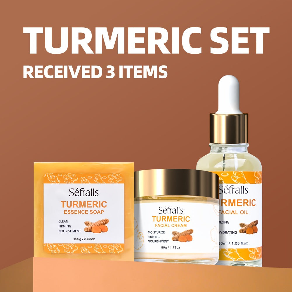 Turmeric Skincare Set 3 Pcs - Turmeric Face Cream, Facial Soap & Essential Oil Kit for Deep Pore Cleansing, Brightening & Moisturizing, Oil Control Skin Care Gift Set for Women & Men
