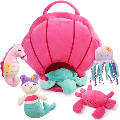 Ocean Stuffed Animals Set 5 Pack Sea Turtle Octopus Mermaid Seahorse Crab Soft Plush Toys with Shell Carrying Bag Gift for Baby Toddlers Kids Birthday Christmas Baby Shower