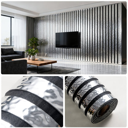 Luxury Mirror 3D Wallpaper Roll Self Adhesive Peel and Stick PVC Vinyl Film Grid Vertical Stripe Pattern for TV Wall Sofa Background Bedroom Living Room Decor Mirror Gold Silver Water Wave