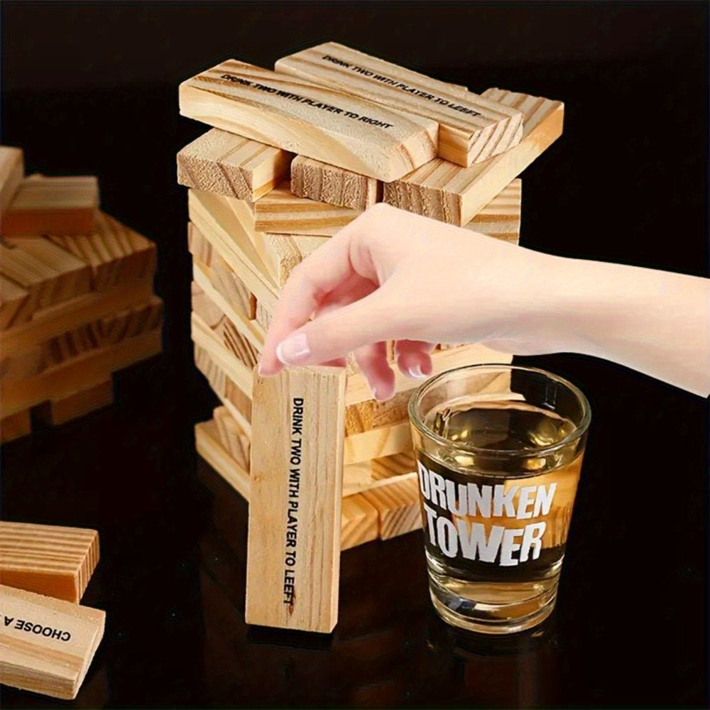 Drinking Game Tower Set 60 Wooden Challenge Blocks with 4 Glass Cups – Adult Party Game for Game Night Camping Bar Bachelorette, Funny Halloween Christmas Birthday Gift for Adults