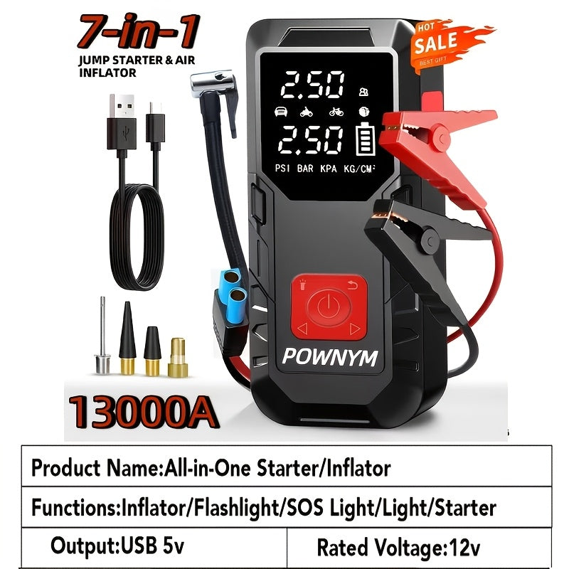 10000A/13000A 9-In-1 Multi-Functional Emergency Jump Starter with Air Pump+10000A Single Start Power Supply 150PSL Portable Car Battery Starter, Portable Vehicle Battery Charger, Suitable for 2.64-Gallery Gasoline Or 2.38-Gallery Diesel Batteries