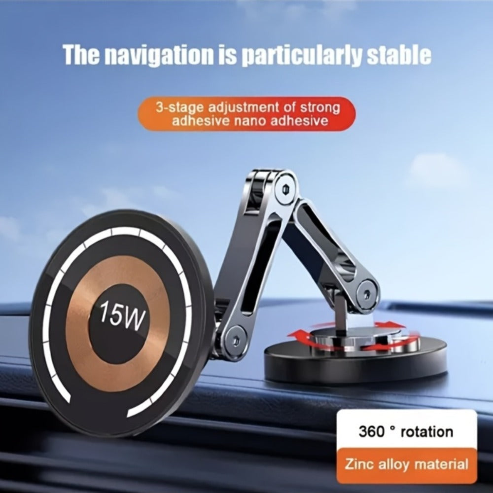 Magnetic Car Phone Mount 15W Wireless Charging – 360° Rotation, Foldable Stand, Super Magnetic Grip, Universal Fit for iPhone 12+ & Android Smartphones, No Battery Required