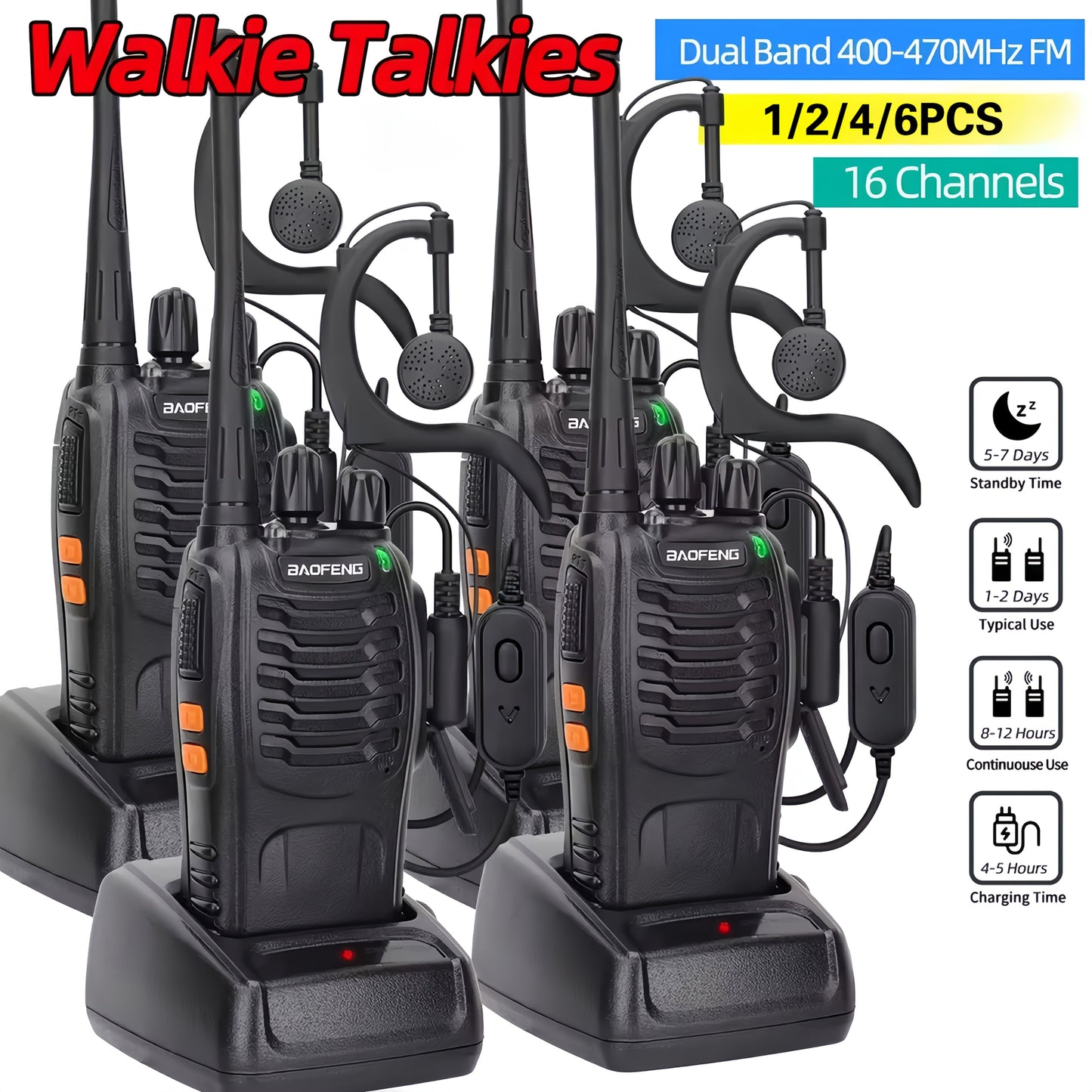 Baofeng BF-888S Walkie Talkies 16 Channel UHF Long Range Two Way Radio Rechargeable with Earphones for Camping Hiking Hunting Outdoor