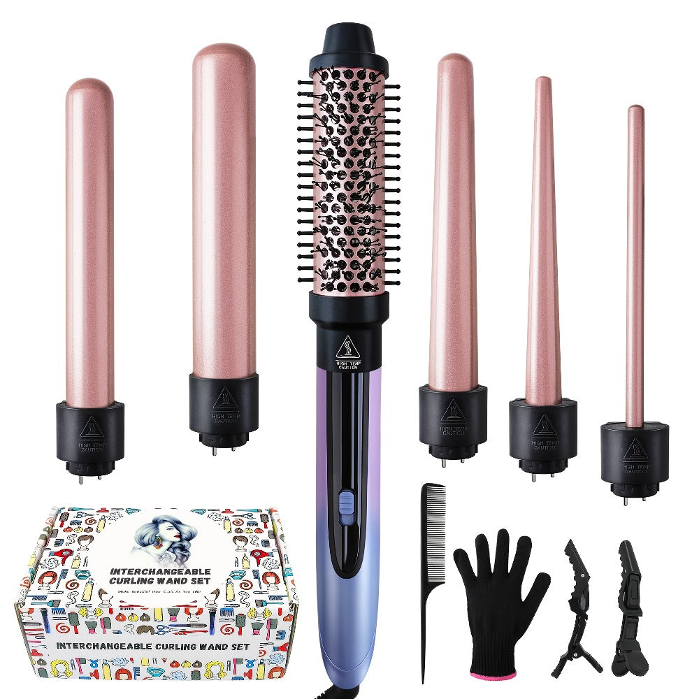 5-in-1 Curling Wand Set Ceramic Interchangeable Barrels 0.4-1.25 Inch - 30s Fast Heat Dual Voltage Auto Shut-Off Hair Curler Iron with Heat Glove for Women Long Short Hair