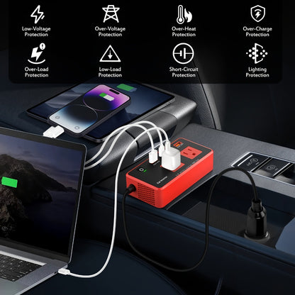 Car Power Inverter 200W - 12V DC to 110V AC, 4 USB Ports (PD & QC 3.0), Fast Charging Car Outlet Adapter for Road Trips, Camping & Vehicle Use