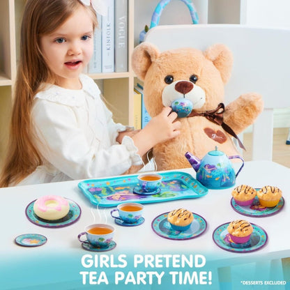 Mermaid Tea Party Set for Girls 21pcs – Tin Teapot, 4 Cups, Saucers, Plates & Carrying Case | Pretend Play Kitchen Toy for Toddlers, Birthday & Christmas Gift for Girls Ages 3 4 5 6