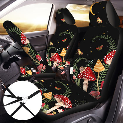 Mushroom Car Seat Covers Full Set 17 Piece Forest Mushroom Car Accessories for Women Men Front Rear Seat Protector Steering Wheel Cover Seat Belt Cover Mirror Hanging Ornament Universal Fit