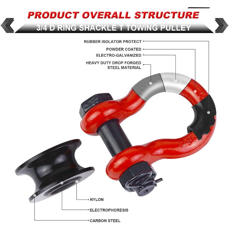 Upgraded Snatch Block, 3/ 4" D Ring Shackle (2 Pack) 32, 000lb Break Strength with Towing Pulley, Heavy Duty Offroad Recovery Accessory for Truck, Tractor, ATV & UTV Carbon Steel And Alloy Steel Materials