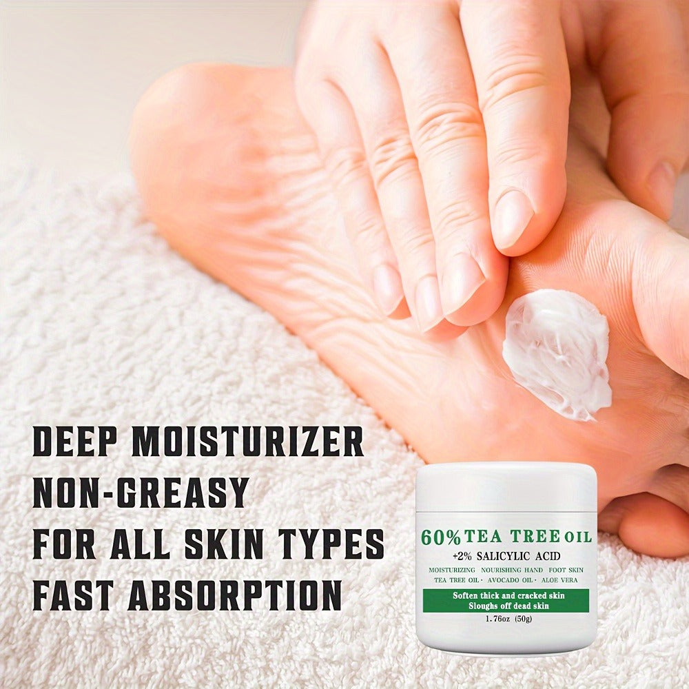 Tea Tree Oil Foot Cream 50g - 60% Tea Tree Oil & 2% Salicylic Acid Foot Balm for Dry Cracked Heels & Calluses, Aloe Vera & Mint Cooling Nourishing Foot Care Treatment