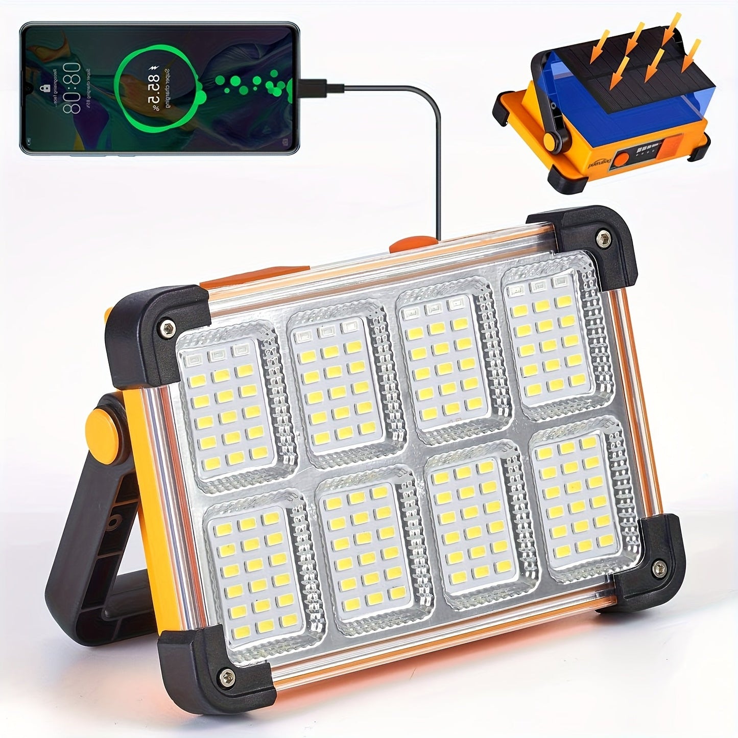 Solar Rechargeable LED Floodlight Flashlight, IP44 Waterproof 4500 Lumens Ultra-Bright Portable Camp Light, USB & Solar Dual Charging 2200mAh, 4 Modes Indoor Outdoor Lighting for Camping, Fishing & Car Maintenance