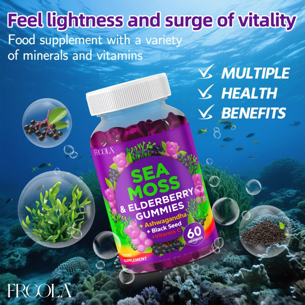 9-in-1 Sea Moss Gummies with Shilajit, Elderberry, Ginger, Turmeric, Ashwagandha & Black Seed Oil – Advanced Multi-Mineral Immune & Energy Supplement for Women & Men, 60 Count