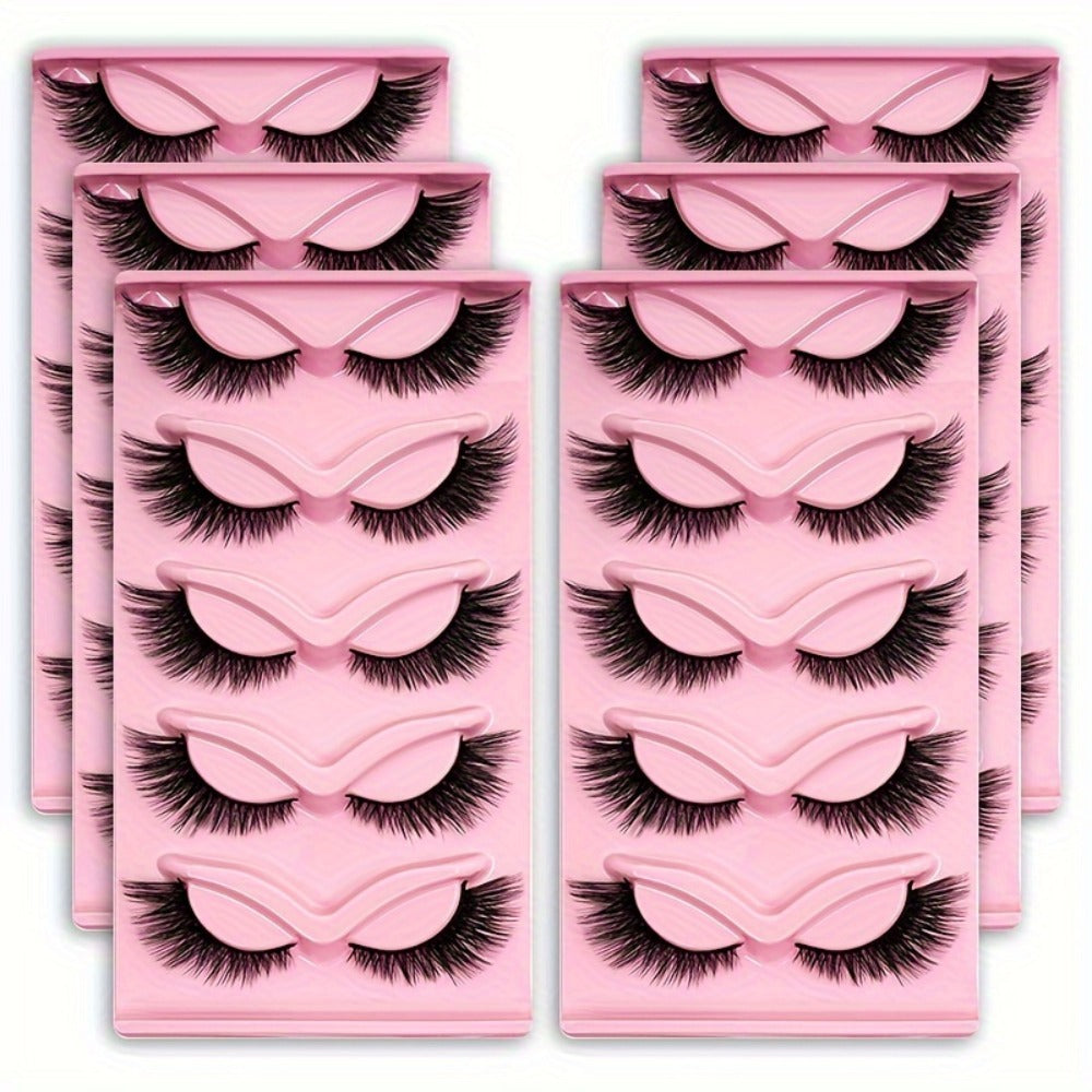 180 Pairs False Eyelashes Bulk Value Pack — Long Thick Cat Eye Strip Lashes, 6 Packs of 30 Pairs Flexible Clear Band Reusable Wispy Lashes for Glamorous Eye Makeup, Holiday Gift & Everyday Wear