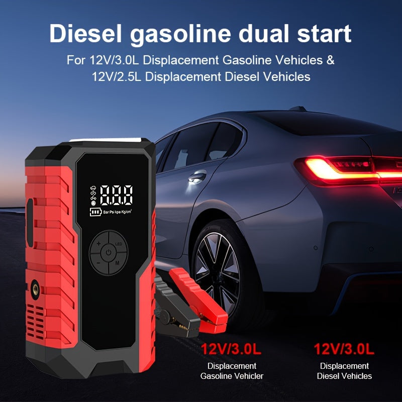 10000A 7-In-1 Multifunctional Emergency Jump Starter with 150PSI Air Pump, Digital Tire Inflator, Portable Car Battery Charger, Up to 2.64gal Gas/2.38gal Diesel, LED Emergency Light & USB Charging, Car Emergency Tool. Suitable As a Holiday Gift