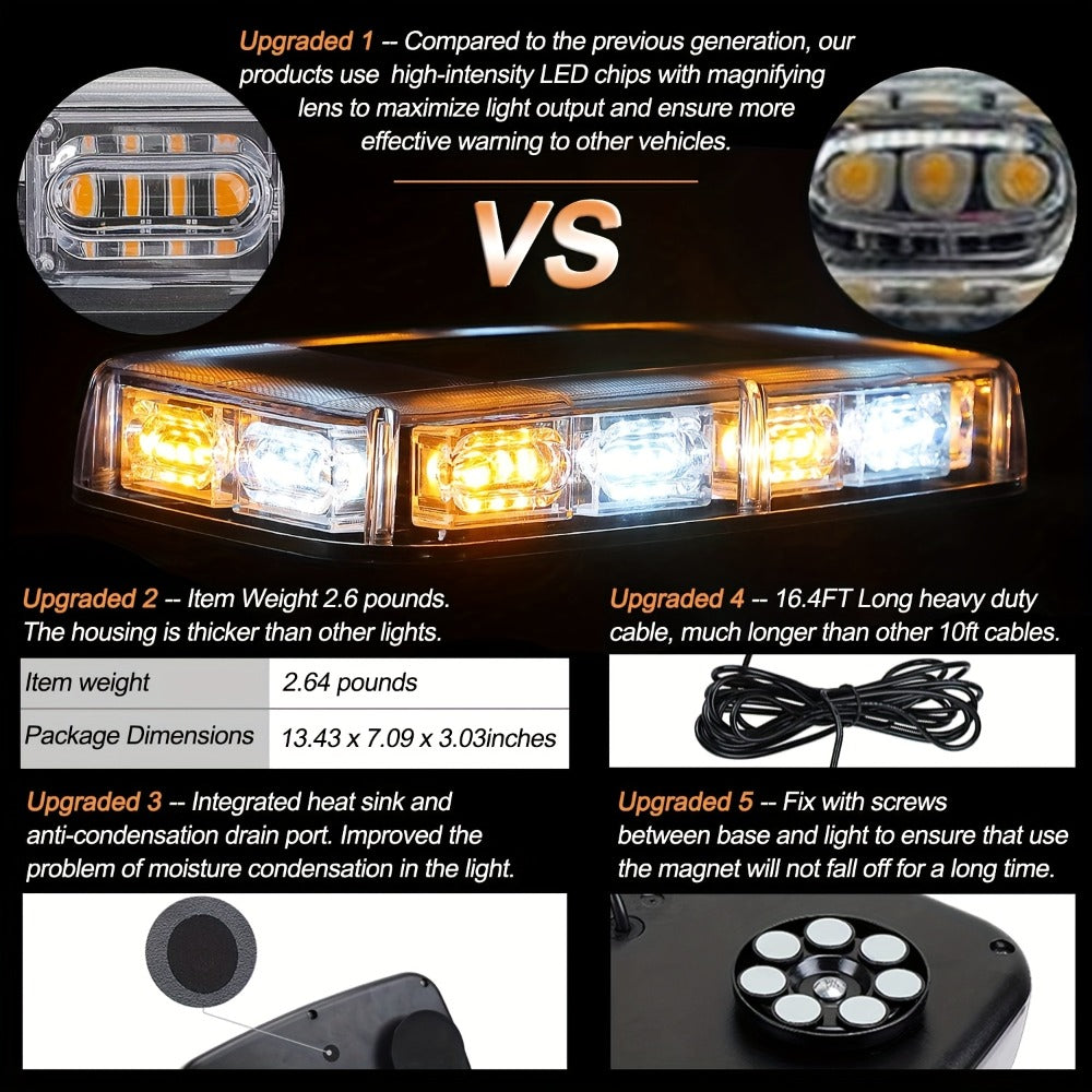 48 LED Roof Strobe Light Bar IP67 Waterproof Magnetic Mount Emergency Warning Light 12-24V for Plow Trucks Construction Vehicles Cars, Amber Green Red White High-Visibility Safety Beacon