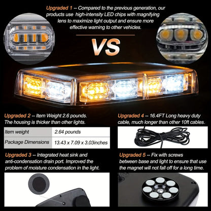 48 LED Roof Strobe Light Bar IP67 Waterproof Magnetic Mount Emergency Warning Light 12-24V for Plow Trucks Construction Vehicles Cars, Amber Green Red White High-Visibility Safety Beacon