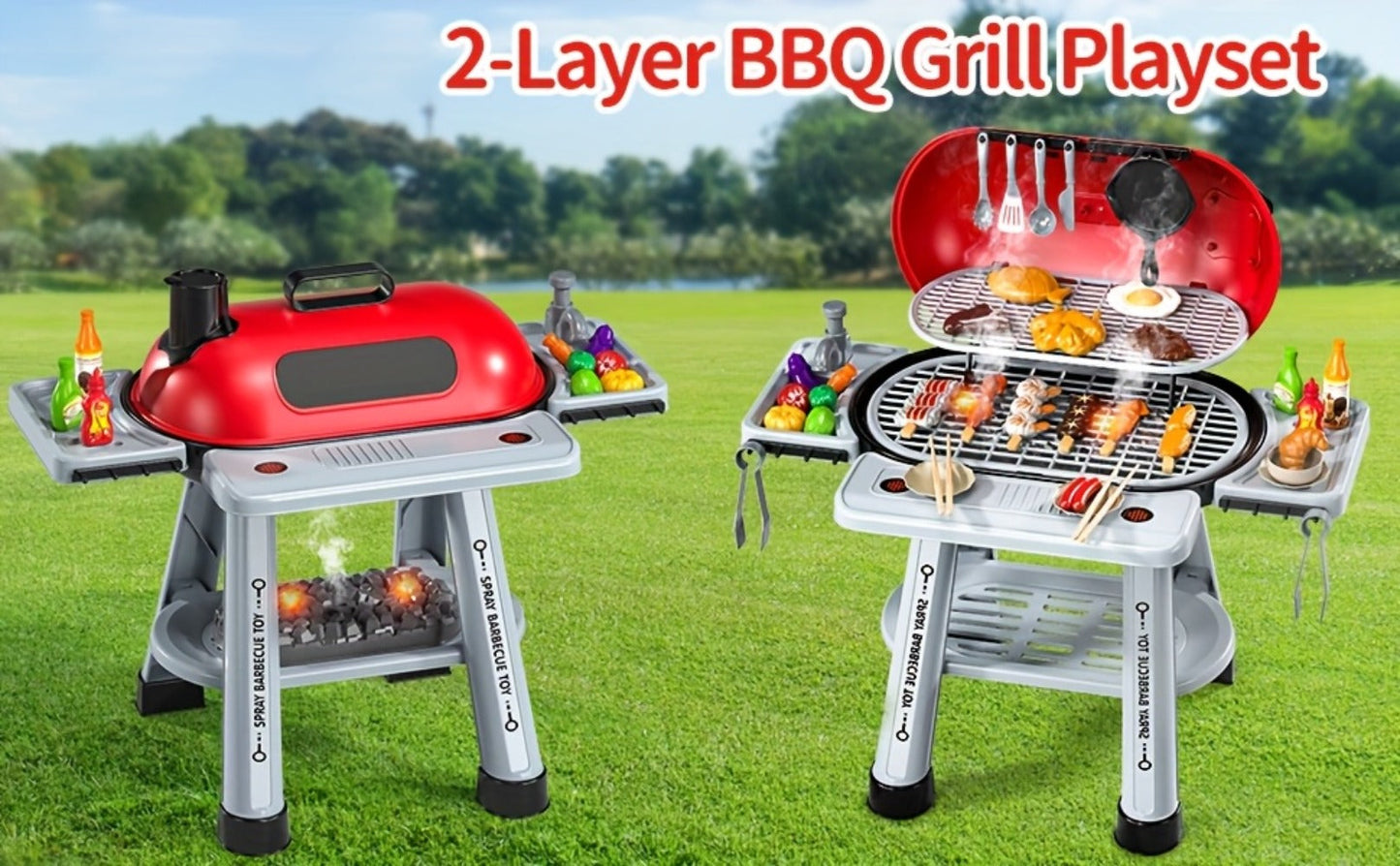 Kids BBQ Grill Playset Two-Tier with Toy Food Meats Fruits Spices & Working Water Tap – Pretend Play Outdoor Cooking Toy for Girls Boys Ages 3+ | Best Birthday Christmas Gift