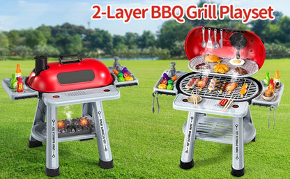 Kids BBQ Grill Playset Two-Tier with Toy Food Meats Fruits Spices & Working Water Tap – Pretend Play Outdoor Cooking Toy for Girls Boys Ages 3+ | Best Birthday Christmas Gift