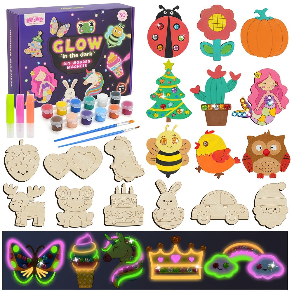 Glow in the Dark Craft Kit for Kids – 30pcs DIY Wooden Fridge Magnets Painting Set with Gem Stickers, Wood Art Activity, Party Favor Birthday Christmas Gift for Girls Boys Ages 6+