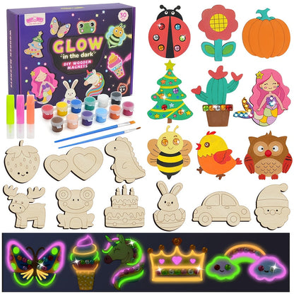 Glow in the Dark Craft Kit for Kids – 30pcs DIY Wooden Fridge Magnets Painting Set with Gem Stickers, Wood Art Activity, Party Favor Birthday Christmas Gift for Girls Boys Ages 6+