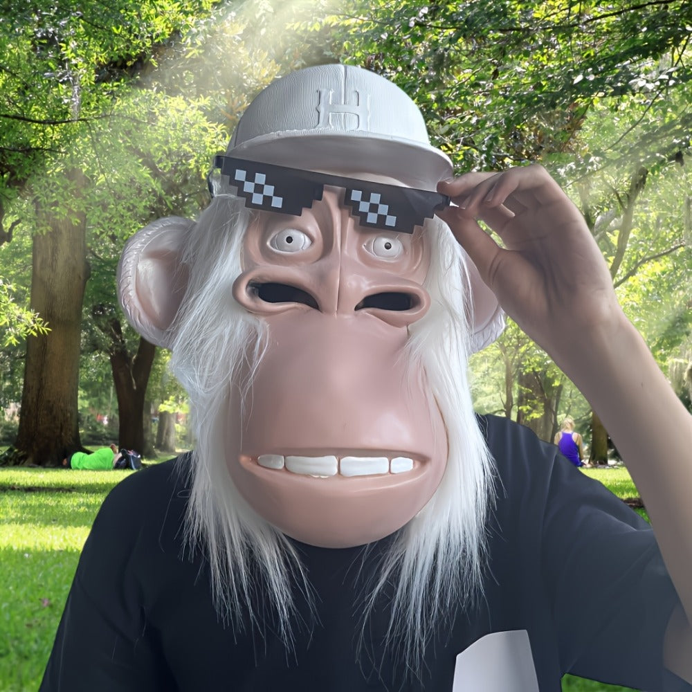 Gorilla Monkey Plush Full Head Mask with White Hair Glasses Hat – Funny Cartoon Animal Costume for Adults Halloween Parties Cosplay Role Play Prank Gift White Gorilla Chimpanzee