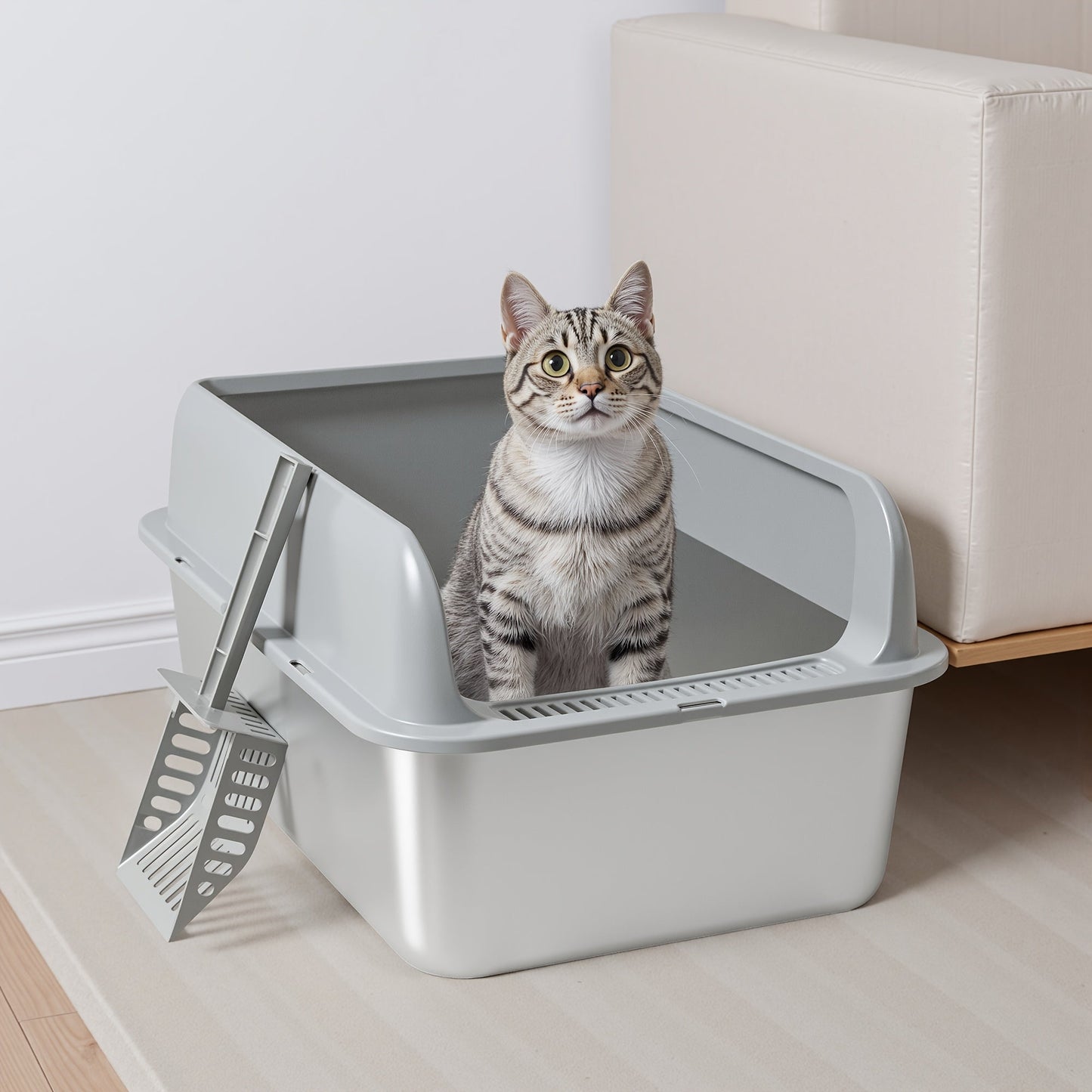 Stainless Steel Cat Litter Box with High Sides & Lid - Metal Litter Pan Anti-Leak Non-Stick Easy Clean Indoor Cat Toilet with Scoop, M & L Sizes