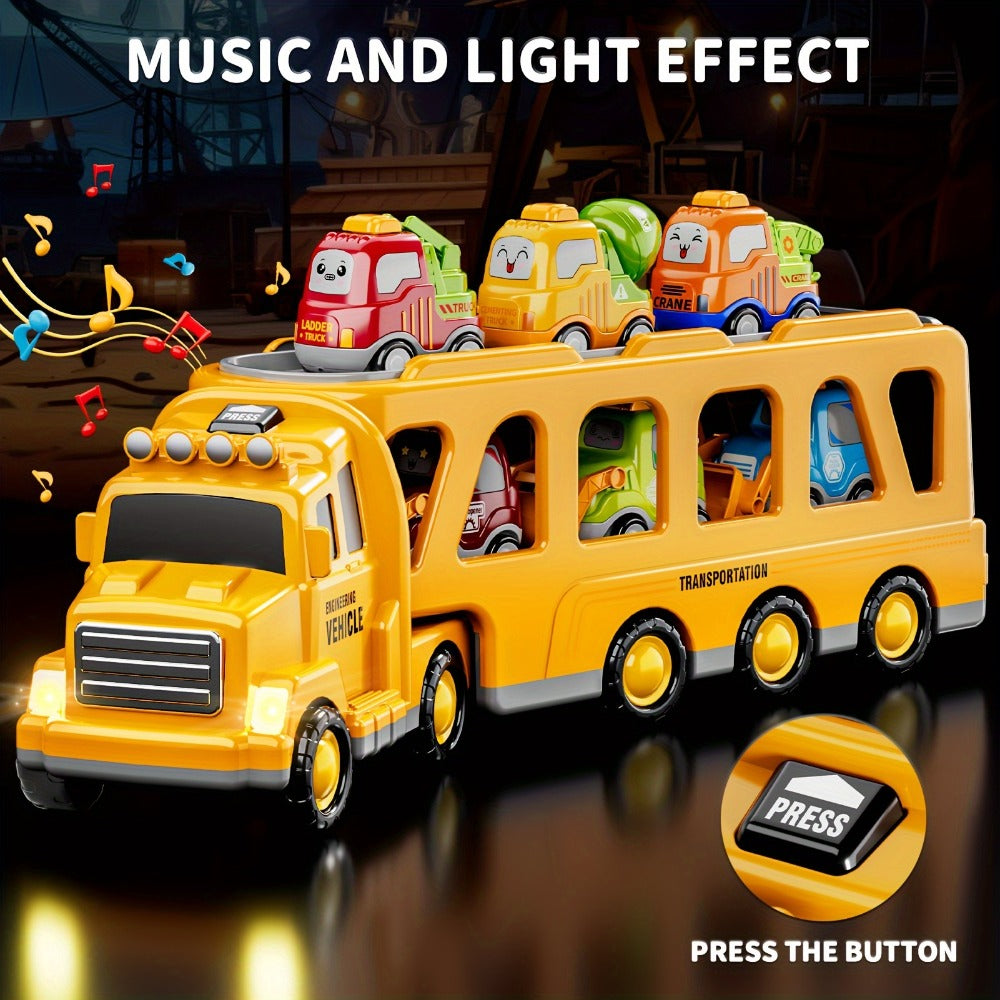 Transport Construction Truck Toy for Boys – 16.9 Inch Large Carrier Truck with 6 Cars, Lights & Sounds, Push & Go Vehicle Playset for Kids Toddlers, Birthday Christmas Gift for Boys Girls