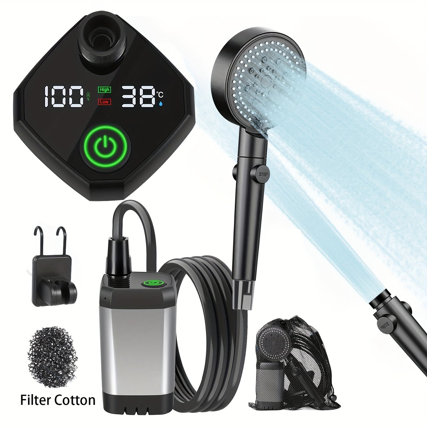 Portable Shower, Compact & Lightweight, 6000mAh Battery, 120 Min Runtime, 6 Shower Modes, Smart Digital Display, 3-in-1 Hook Design, For Camping, Hiking, Pet Cleaning, Car Washing, Beach Use, Outdoor Travel Essential
