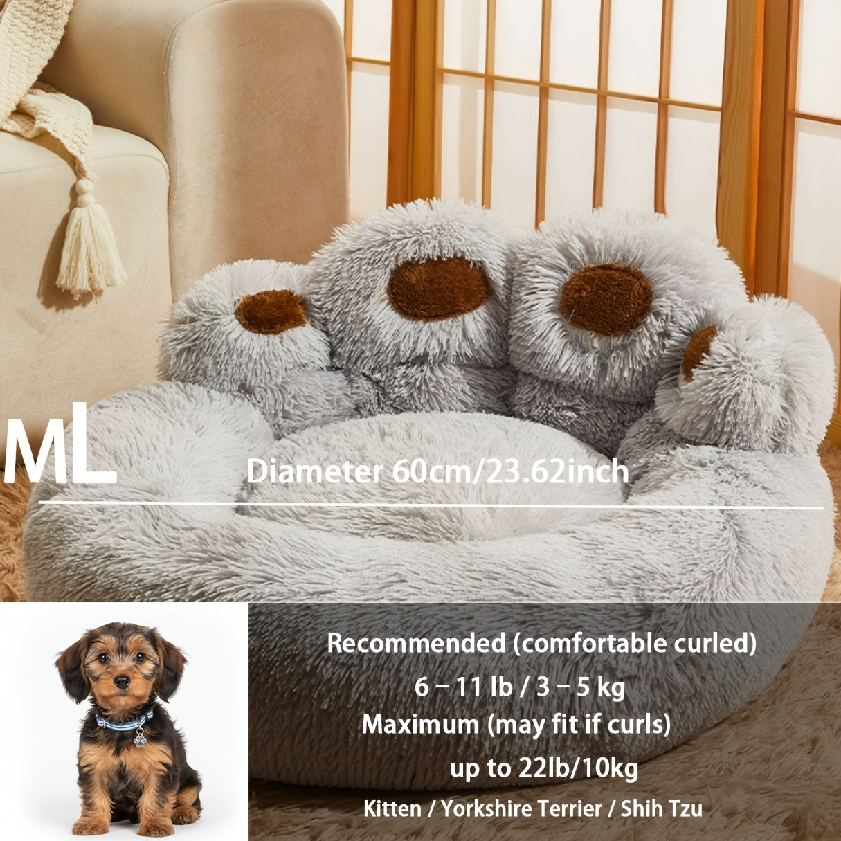 Plush Dog Bed Bear Paw Design – Thickened Soft Warm Pet Cushion Bed for Dogs & Cats, Non-Slip Bottom, Extra Large Cat Bed, 4 Sizes ML/L/XL/2XL – Pink, Grey, Coffee