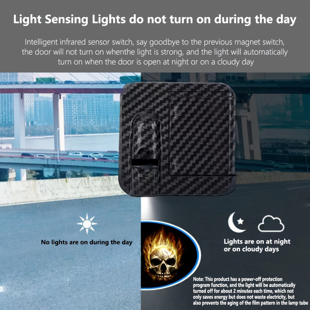 4pcs Flame Skull Ghost Shadow Car Door Welcome LED Projector - Vivid LED Lights For Cars, Bicycles, Etc., Battery Powered, Easy To Install, Car Decorative Lights | Decorative Flame Skull Door Sign Light